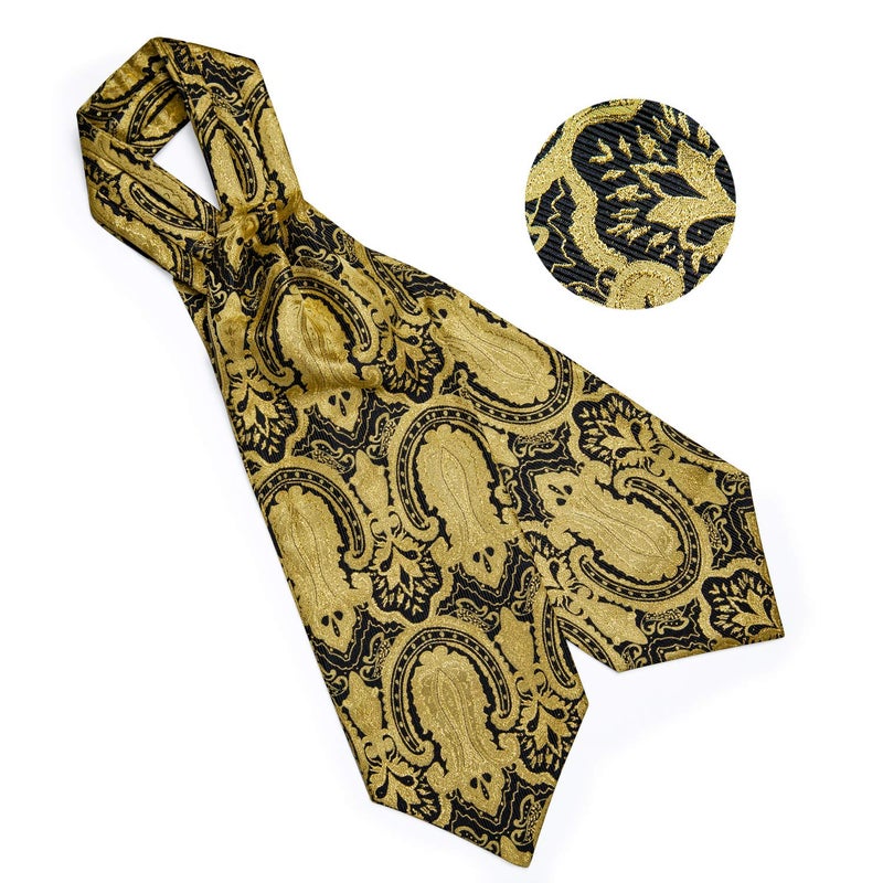 DiBanGu Black Gold Ascot Ties for Men Cravat Tie and Pocket Square Set Jacquard Silk Ascot Paisley Cravat for Men - Image 5